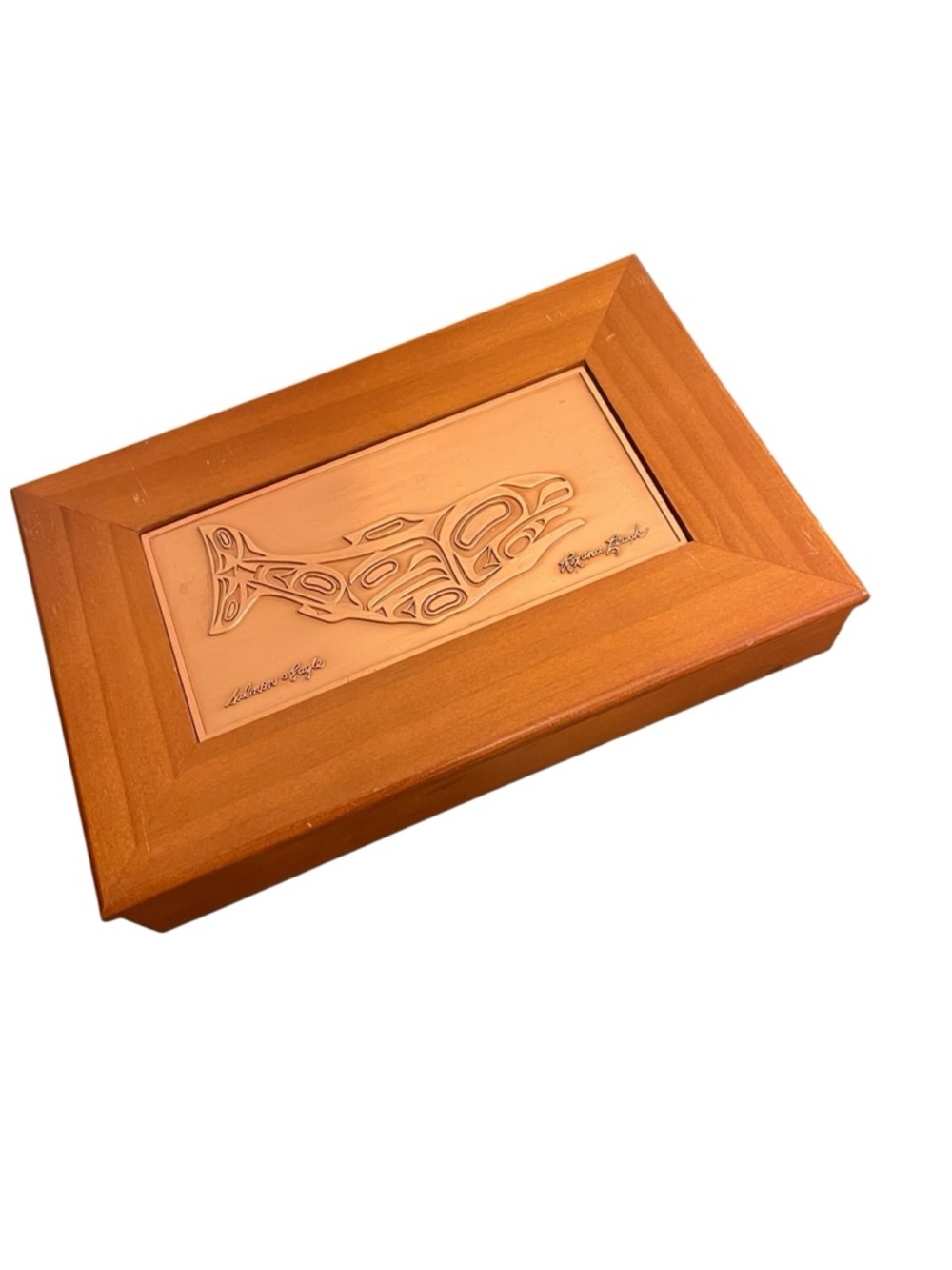 Roxana Leask Salmon & Eagle Copper Relief Wood Keepsake Box PNW Indigenous Art